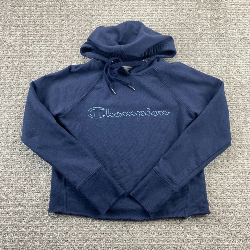 Champion Cropped Cut Off Sweater Women Small S Blue Hoodie Pullover Sweatshirt